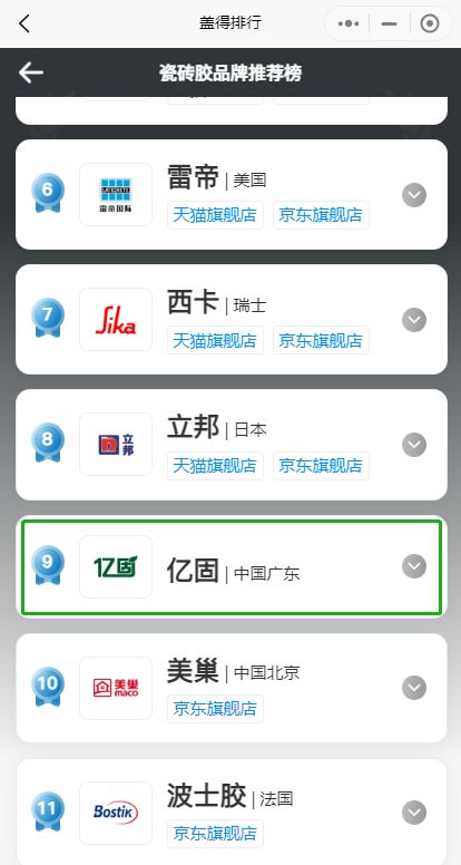 权威！亿固瓷砖胶、背胶荣登盖得测评排行榜