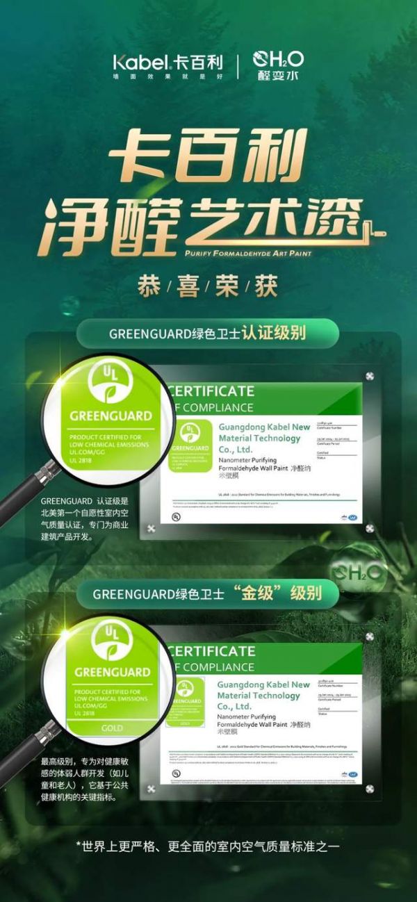 全球权威认证丨卡百利产品喜获美国绿色卫士GREENGUARD金级认证！