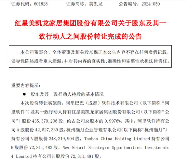 美凯龙：股东阿里软件转让4252.73万股A股股份