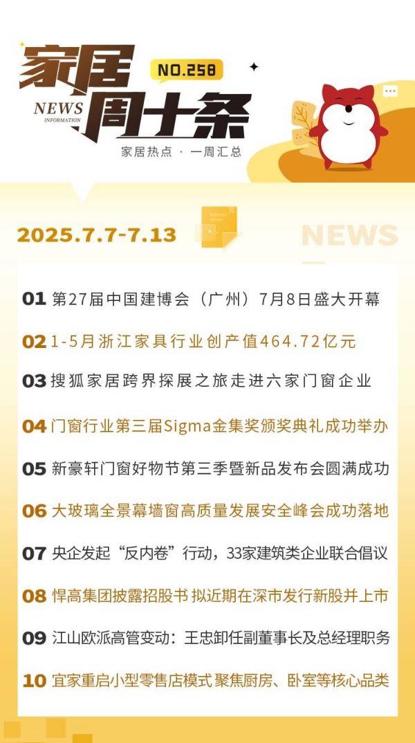 家居周十条 | 中国建博会（广州）开幕、浙江家具行业前5月创产值464.72亿元、宜家重启小型零售店模式…